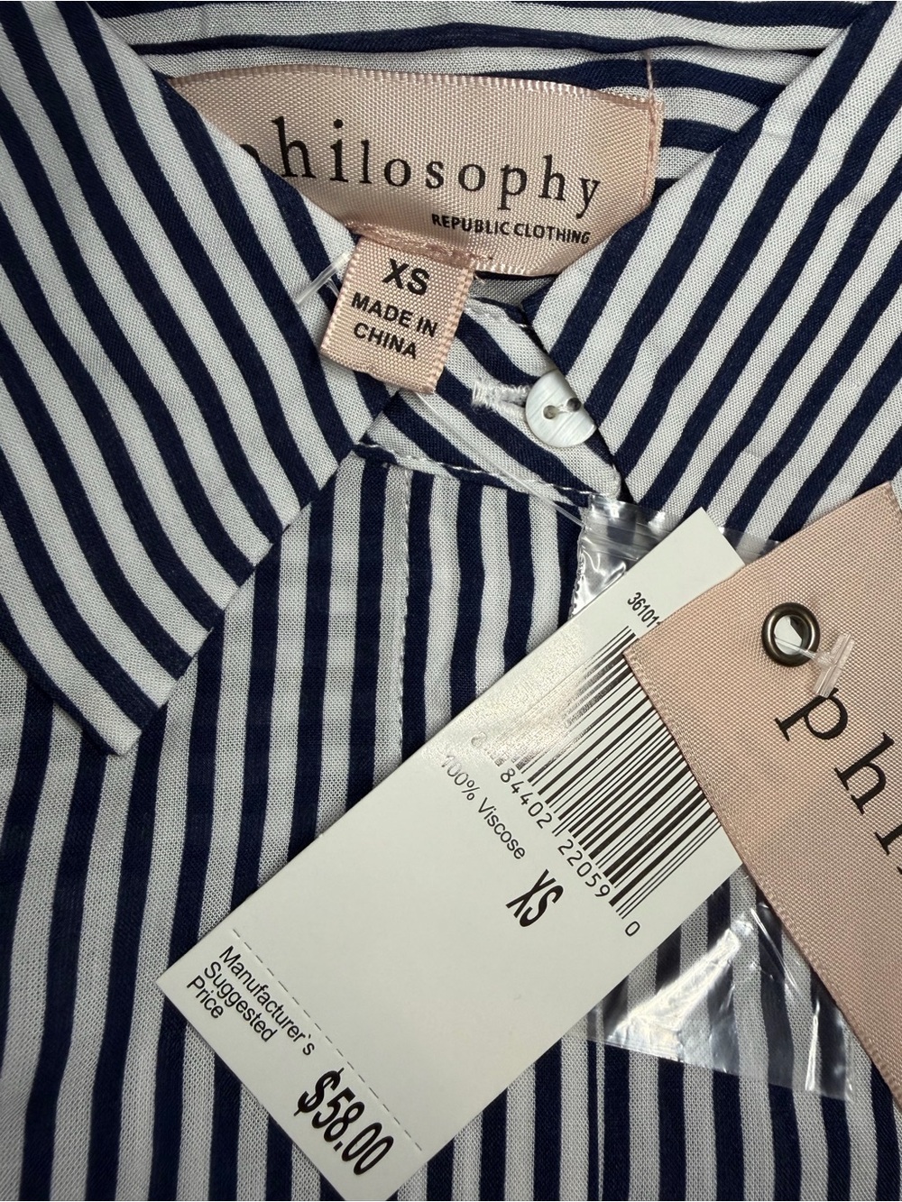 Philosophy Dark Navy Blue with White Vertical Stripes, Button-Up Shirt. - Picture 7 of 8